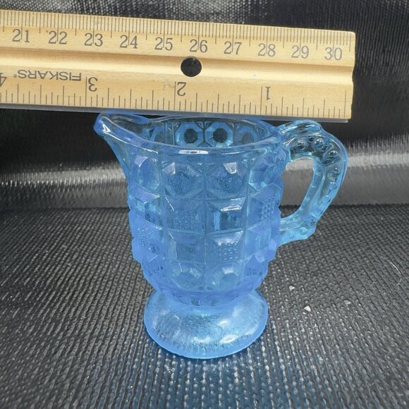 Vintage Kemple Blue Waffle Button Glass 2oz Creamer Small Glass Jug Pitcher VTG - Picture 3 of 10